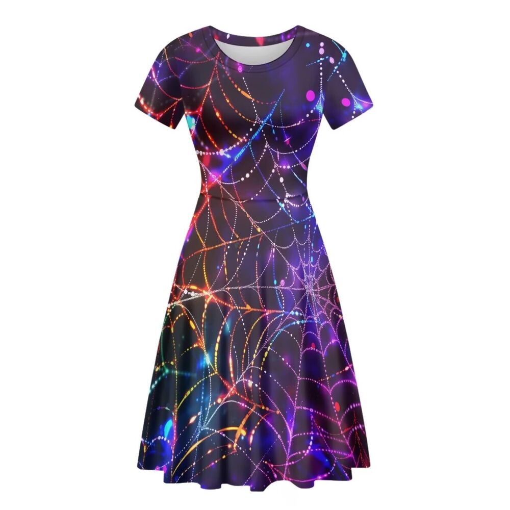 3451 Halloween Dress Galaxy Spider Web Dress Short Sleeve Sundress Fit